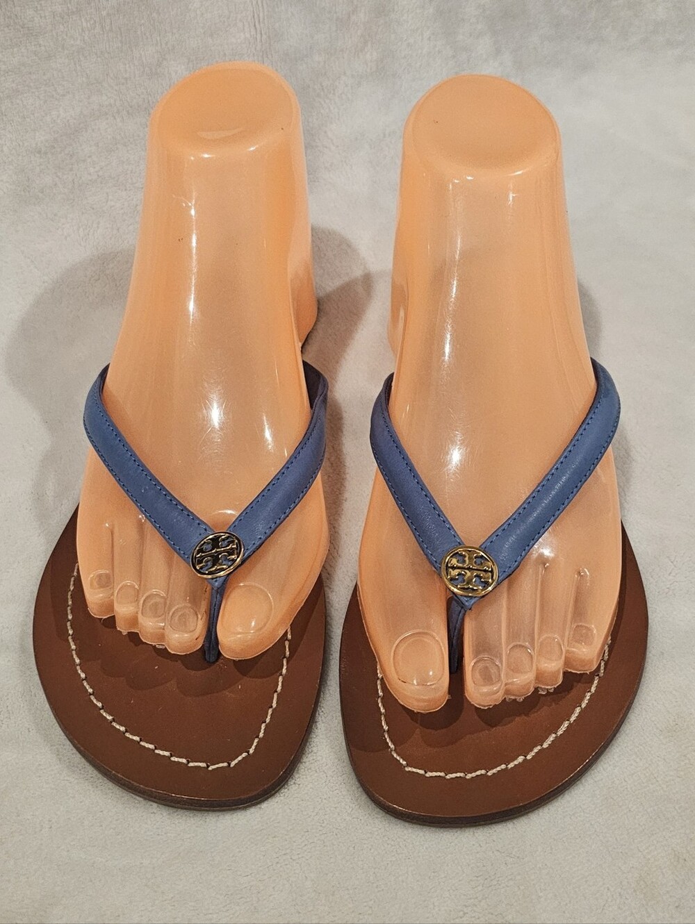 Tory Burch Blue Leather Thong Sandals with Logo Disc-Lightly Used
